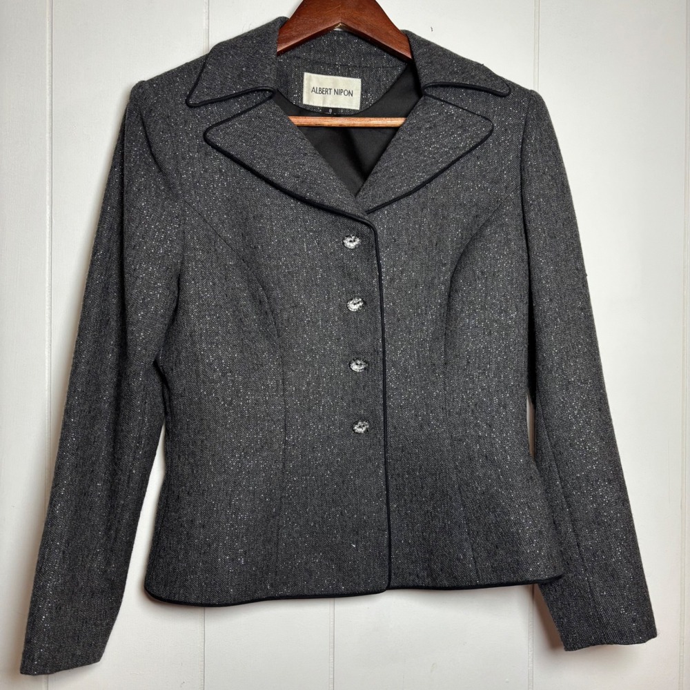 Albert Nipon Grey Wool Blend Metallic Tweed Blazer Sz 8 Business Office Tailored